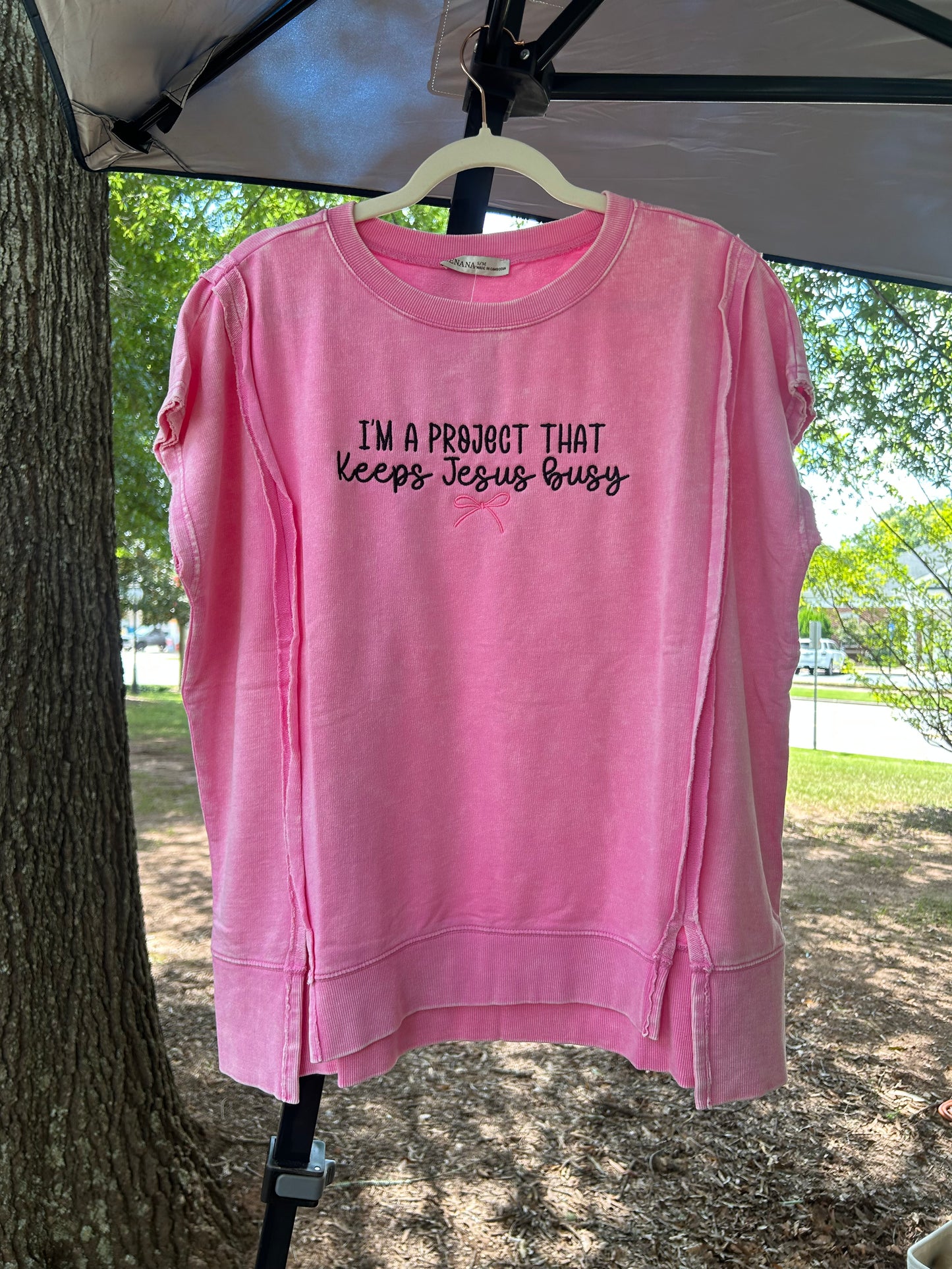 I’m a Project That Keeps Jesus Busy Pink Embroidered Top Zenana Hi Low Acid Wash Shirt