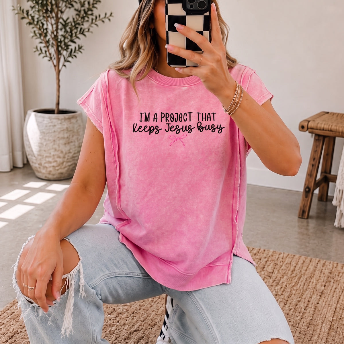 I’m a Project That Keeps Jesus Busy Pink Embroidered Top Zenana Hi Low Acid Wash Shirt