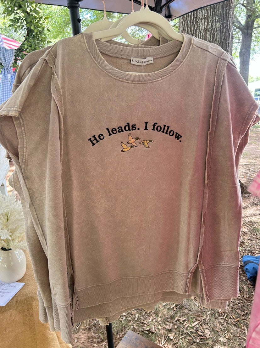 He Leads I Follow Embroidered Top Zenana Hi Low Acid Wash Shirt