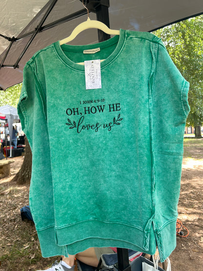 Oh How He Loves Us Embroidered Top Zenana Hi Low Acid Wash Shirt