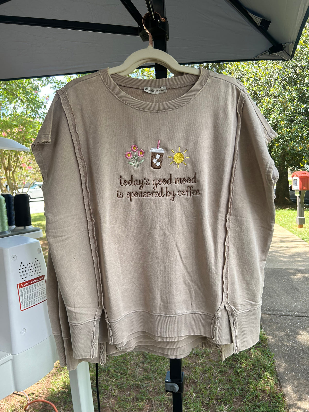 Today’s Good Mood is Sponsored by Coffee Embroidered Top Zenana Hi Low Acid Wash Shirt
