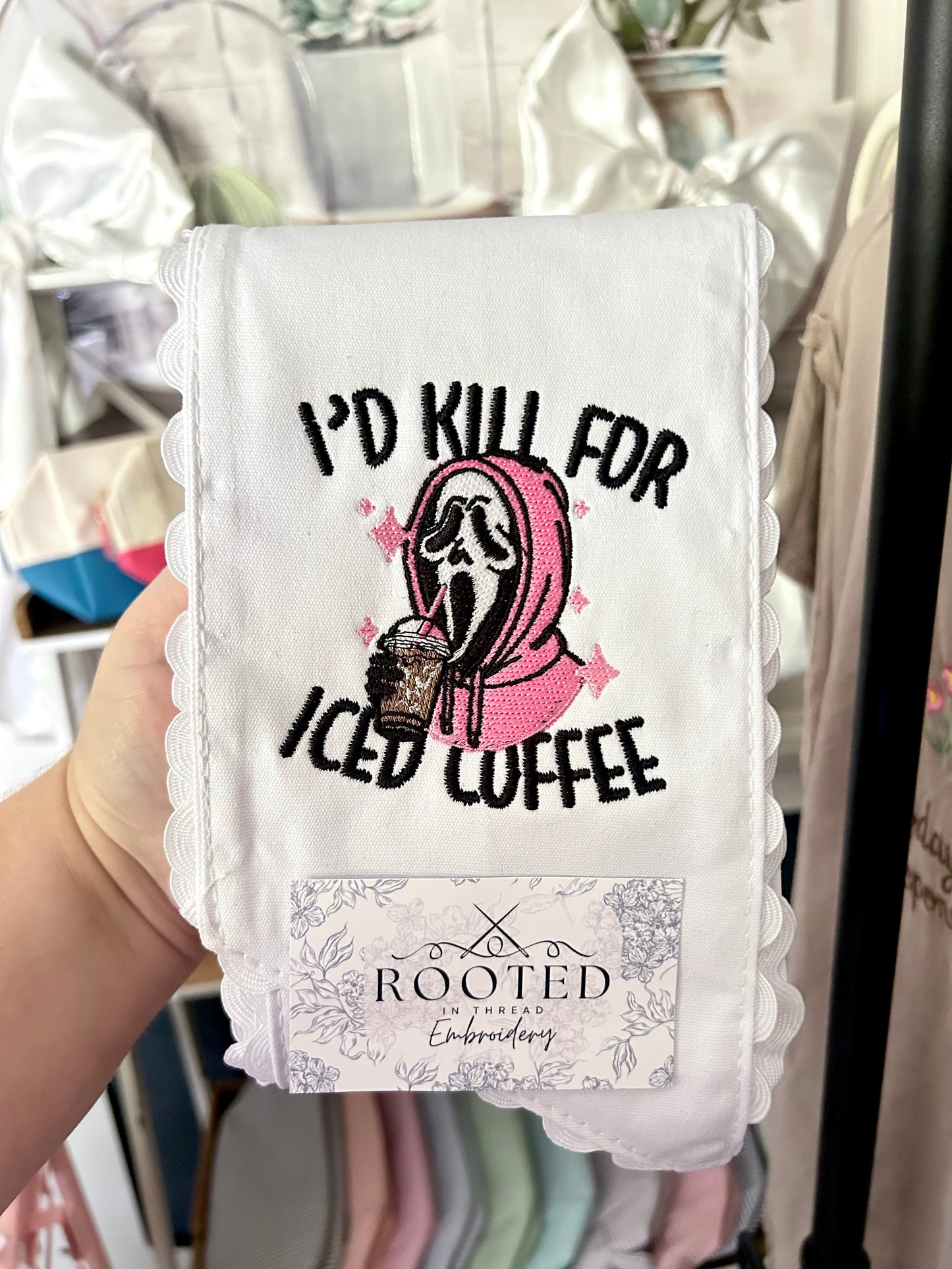 I’d Kill for an Iced Coffee Ghostface Halloween Wreath Sash Custom Embroidered