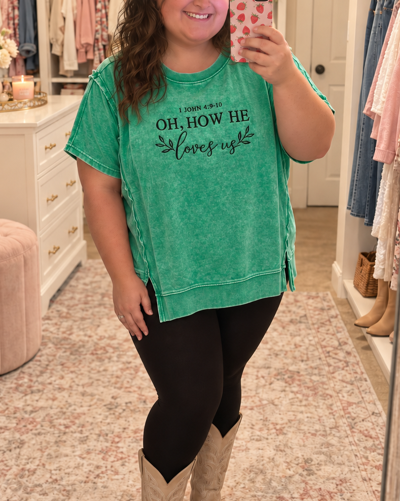 Oh How He Loves Us Embroidered Top Zenana Hi Low Acid Wash Shirt