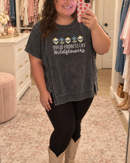 Spread Kindness Like Wildflowers Embroidered Top Zenana Hi Low Acid Wash Shirt