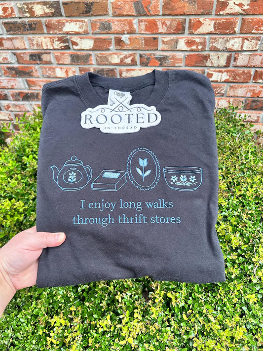 I Enjoy Long Walks Through Thrift Stores Embroidered Shirt Comfort Colors Tee